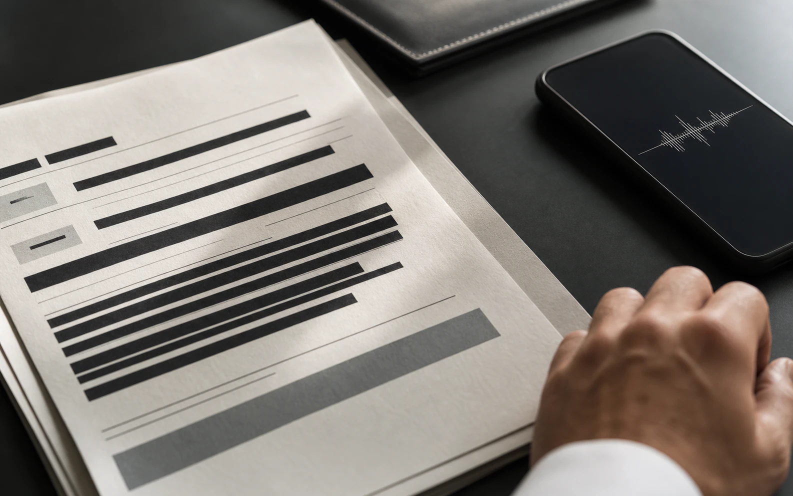 A clinical document with identifying details obscured beside a phone.